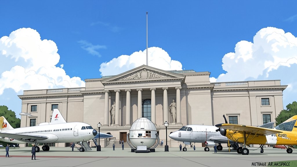 A detailed illustration of the National Air and Space Museum's exterior with several aircraft and spacecraft on display outside, including a Space Shuttle, an Apollo capsule, and a few historical airplanes, with a clear blue sky and fluffy white clouds in the background.