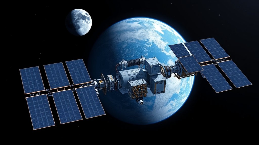 An illustration of the NASA Gateway space station with its power system activated, showing solar panels and energy storage units, set against a backdrop of the Earth and the Moon.