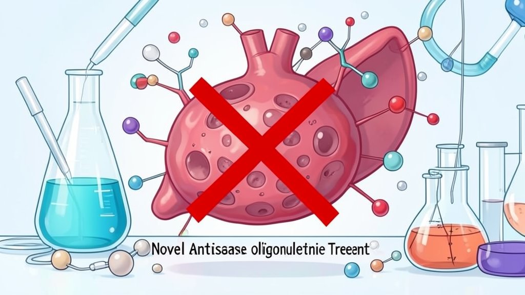 An illustration of a pancreatic cancer cell with a red X marked through it, surrounded by scientific equipment and molecules, representing the novel antisense oligonucleotide treatment.