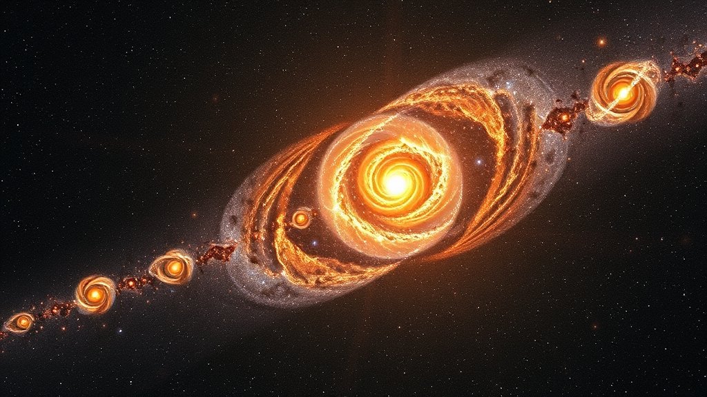 An illustration of the universe expanding with galaxies moving away from each other, representing the concept of dark energy