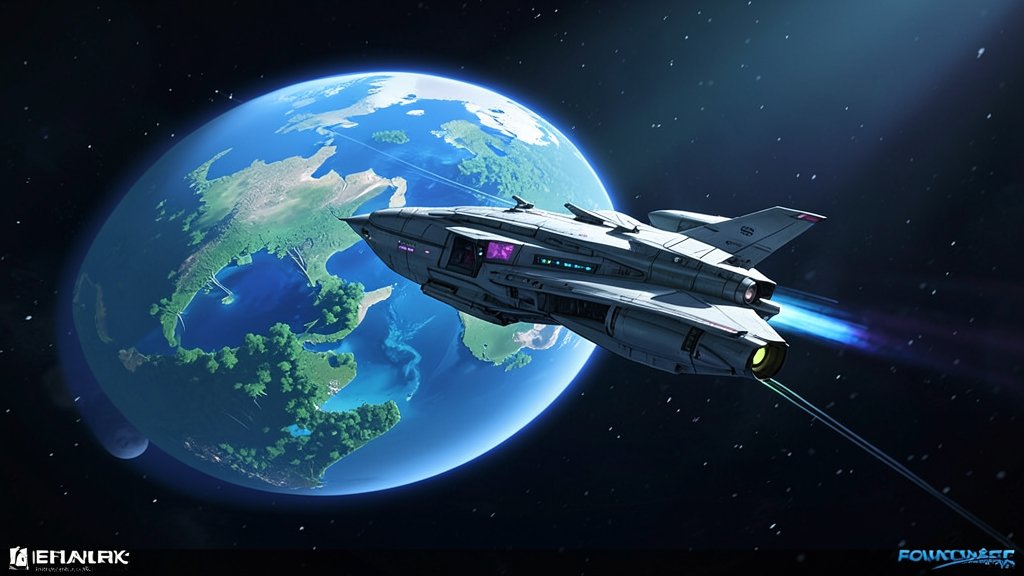 A futuristic illustration of a spacecraft approaching a distant exoplanet with a hint of a habitable environment, such as a blue atmosphere and green forests.