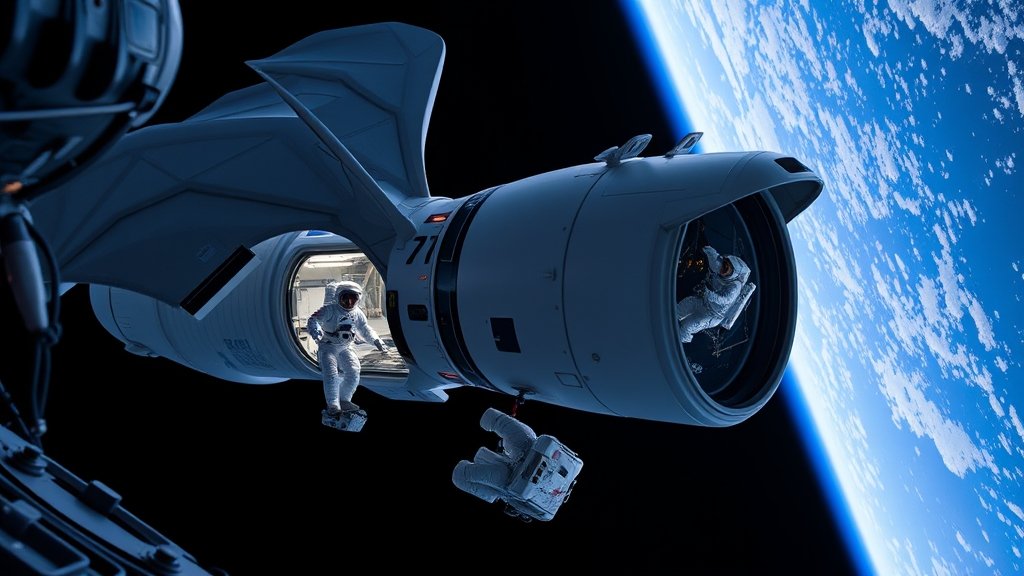 A SpaceX Dragon spacecraft approaching the International Space Station with a medical emergency evacuation in progress, with astronauts in spacesuits and medical equipment visible through the windows