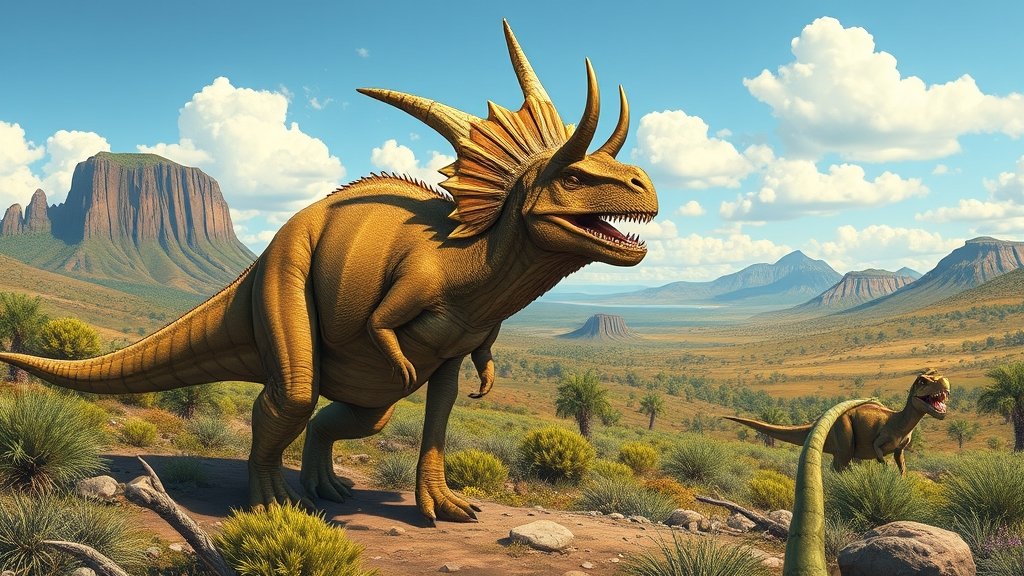 a detailed illustration of a horned dinosaur in a Late Cretaceous European landscape, with a mix of lush vegetation and volcanic rocks in the background, and a few other dinosaurs in the distance, all under a bright, sunny sky with a few puffy clouds.