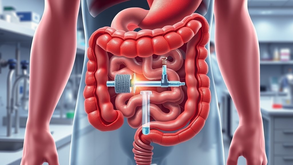 an illustration of the human gut with a molecular switch controlling water flow, with a background of scientific equipment and researchers in a lab
