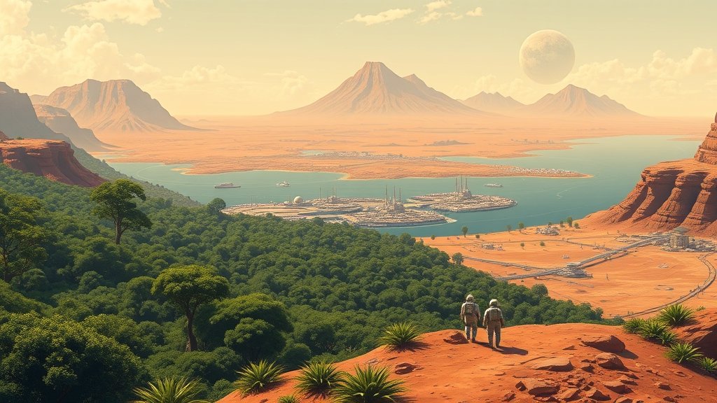 A futuristic illustration of a terraformed Mars with lush green forests, vast oceans, and a thriving human settlement in the background, with a few astronauts in spacesuits walking towards a distant Martian mountain range.
