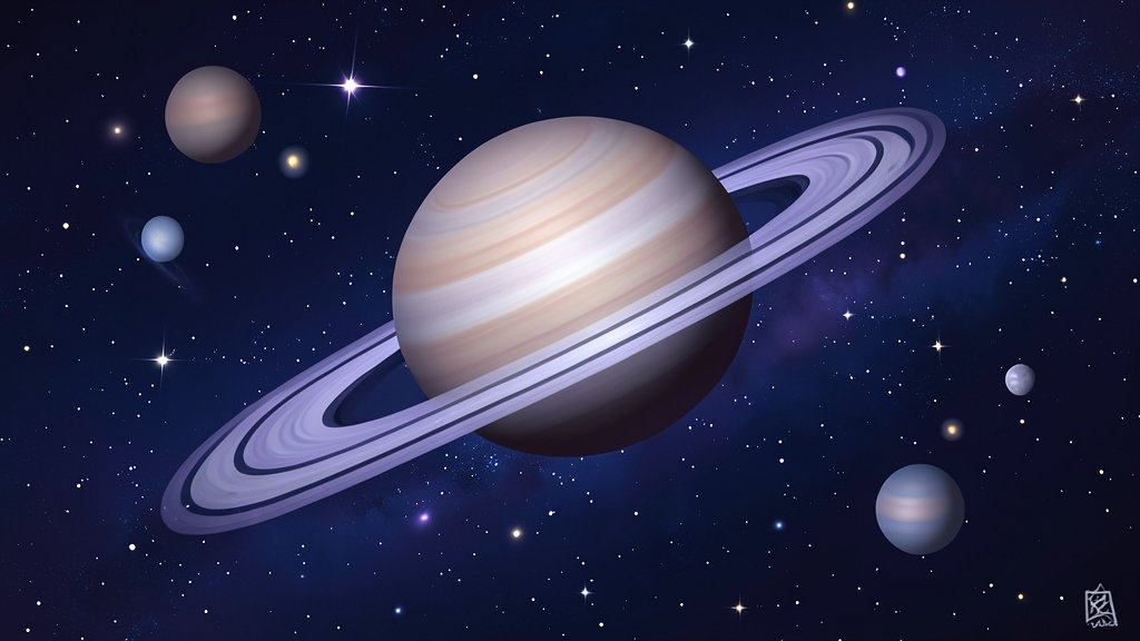 An illustration of a Saturn-sized rogue planet floating through the galaxy, with stars and other celestial objects in the background, in a dark blue and purple color scheme.