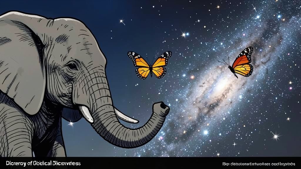 An illustration of an elephant's trunk, a butterfly in flight, and a galaxy cluster in the background, showcasing the diversity of scientific discoveries.