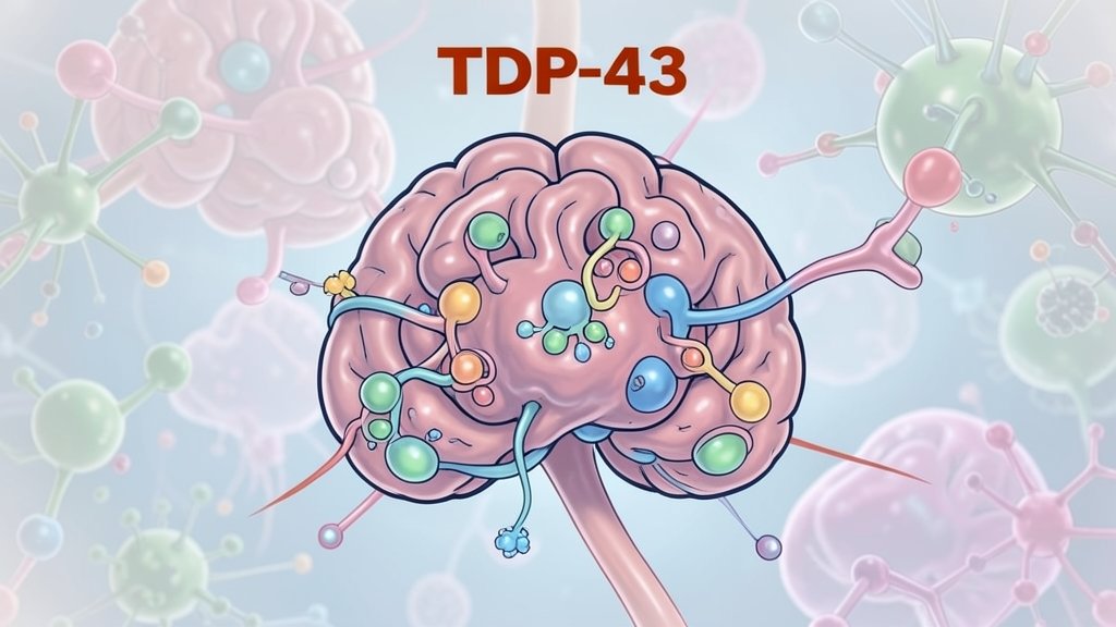An illustration of TDP-43 protein and its impact on retromers in neurons, with a subtle background of brain cells and molecular structures.