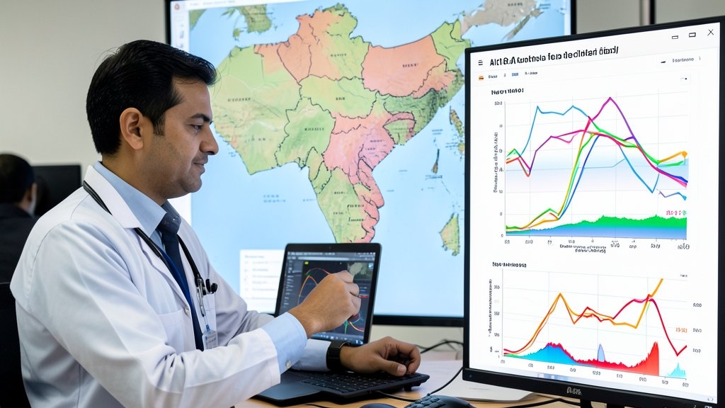 A high-resolution image of a meteorologist using AI-powered tools to analyze weather patterns in India, with a map of the country in the background and a graph showing temperature and precipitation trends.