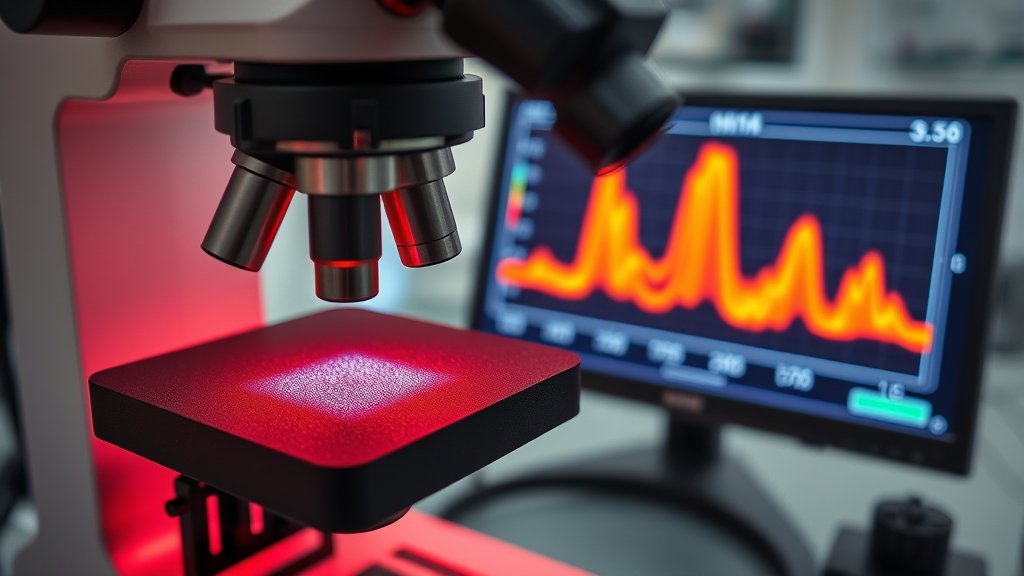 A high-resolution image of a laboratory setup for Raman spectroscopy analysis of MXene materials, with a sample of titanium carbide MXene under the microscope and a graph showing the Raman spectrum in the background.