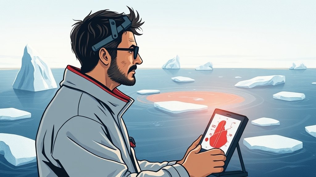 An illustration of a scientist studying ocean currents and temperature changes in the Antarctic region, with a subtle background of melting icebergs and a hint of a "salty blob" in the ocean.