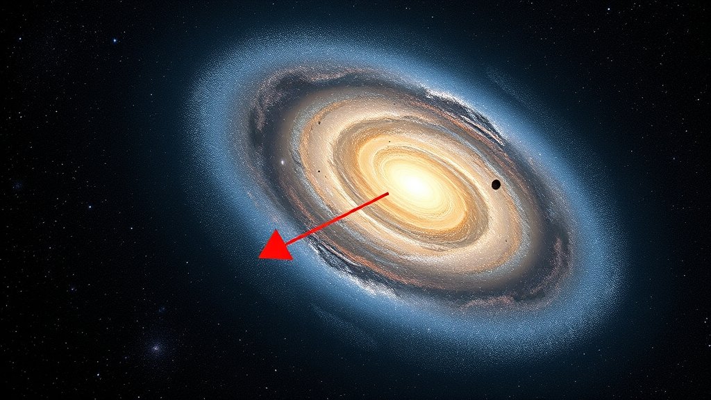 An illustration of the Milky Way galaxy with a red arrow pointing towards the center, symbolizing gravitational binding, on a background of an expanding universe with galaxies moving away from each other.