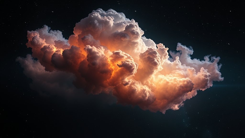 An artistic representation of the Cloud-9 celestial object, with a dark background and vibrant, swirling clouds of gas and dust, surrounded by stars and galaxies in the distance.