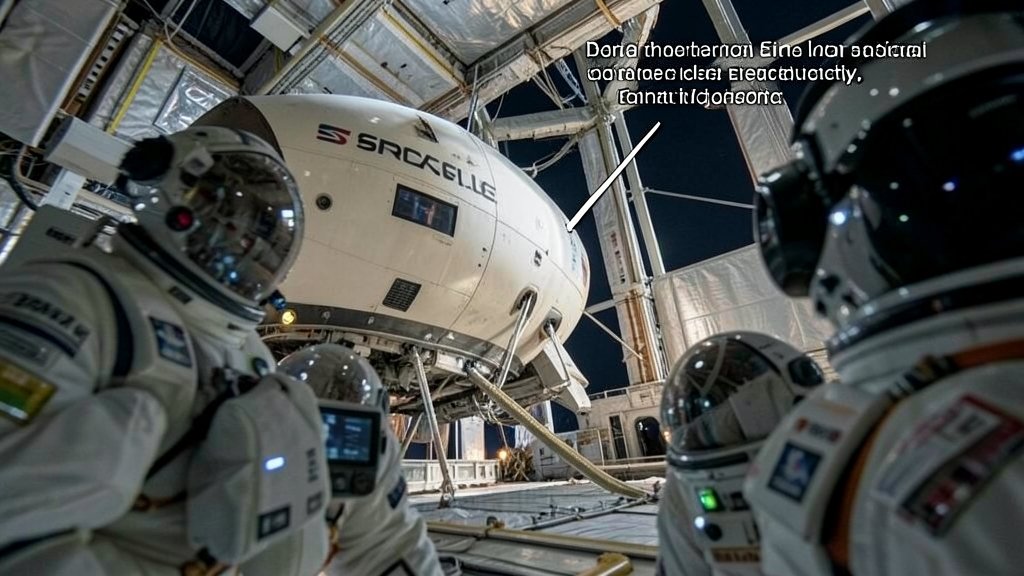 An image of the SpaceX Dragon spacecraft docked at the International Space Station, with a astronaut in a spacesuit in the foreground, highlighting the medical emergency evacuation process.