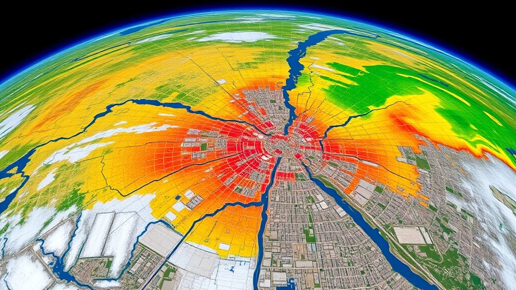 A high-resolution satellite image of a city with visible urbanization and vegetation changes, with a subtle overlay of temperature and vegetation data visualizations
