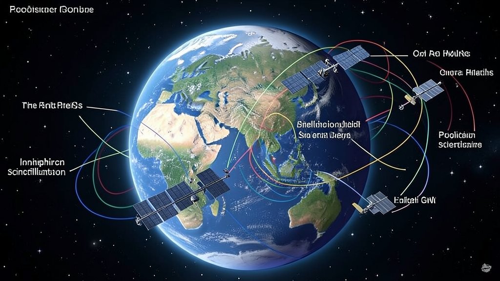 A detailed illustration of the Earth's ionosphere with GNSS satellites and radio waves interacting, showcasing the effects of ionospheric scintillation and polarization on signal transmission.