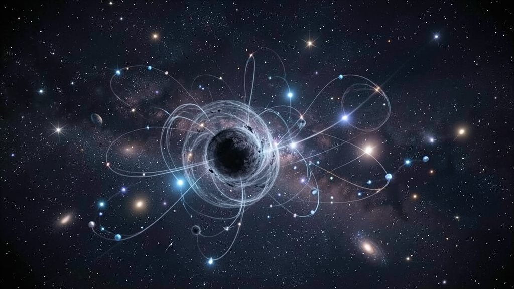 An artistic representation of dark matter and neutrinos interacting in the universe, with a subtle background of galaxies and stars