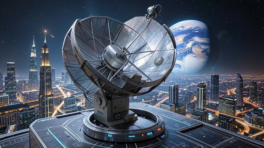 A high-resolution image of a futuristic space telescope with a cityscape or a planet in the background, symbolizing the intersection of technology and space exploration