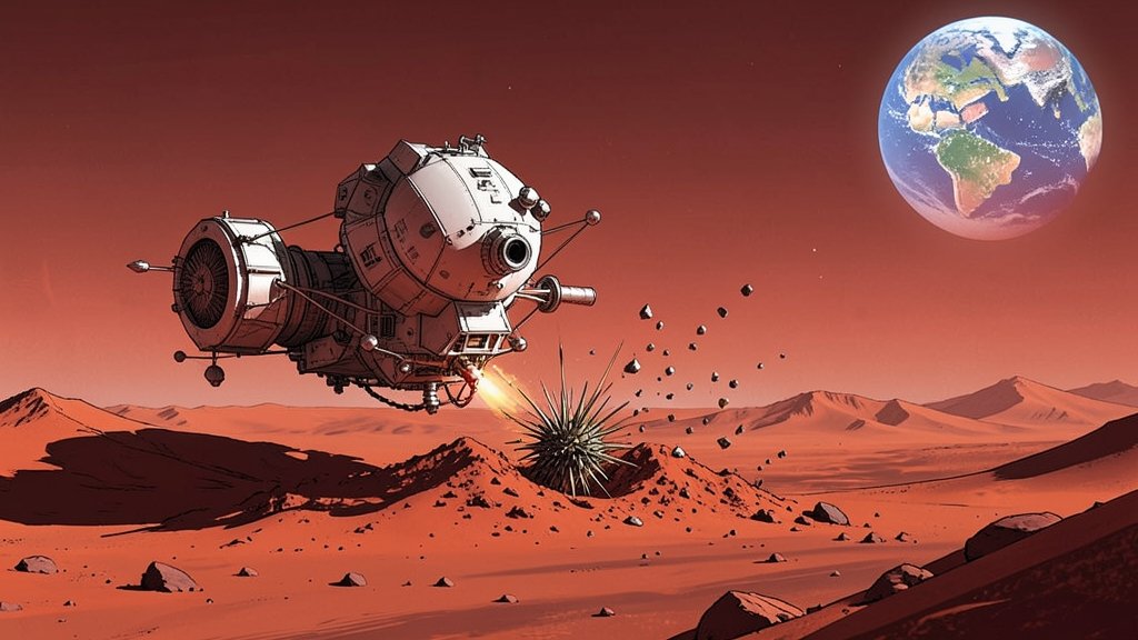 An illustration of a spacecraft collecting samples from Mars, with the planet's red landscape in the background, and a hint of the Earth in the distance, symbolizing the challenge of bringing back samples.