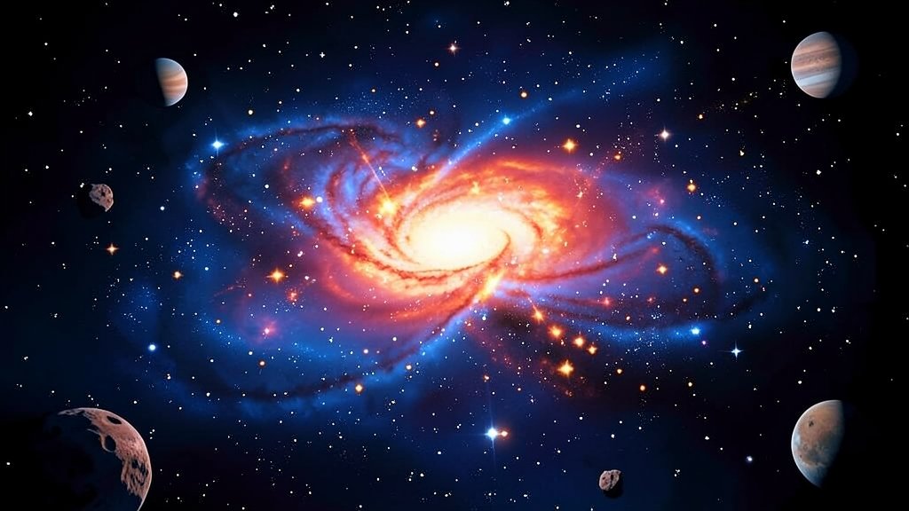 A vibrant, colorful illustration of a galaxy cluster with hot, glowing gas and stars, set against a deep blue and black space background, with a few planets and asteroids visible in the distance.