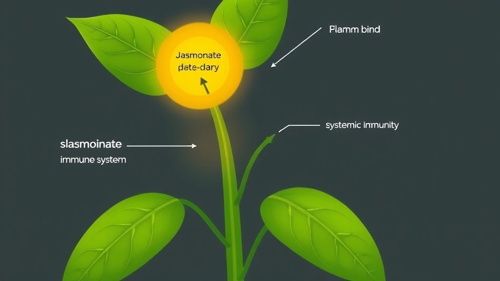 An illustration of a plant with a highlighted immune system, showing jasmonate signaling pathways and the initiation of systemic immunity