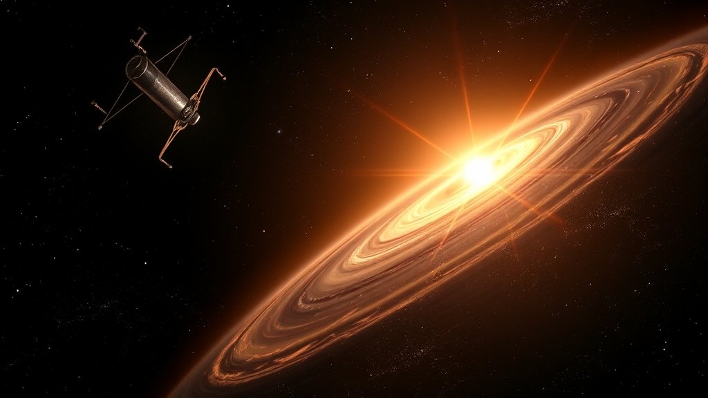 An illustration of the Hubble Space Telescope in orbit, with a starscape of the Betelgeuse star system in the background, highlighting the companion star's wake.