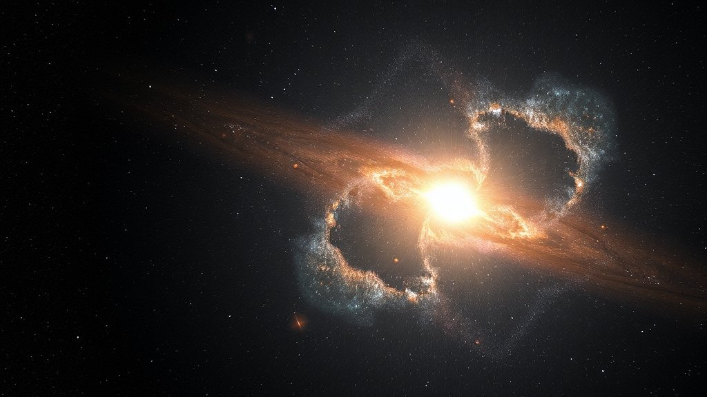 A high-resolution image of a distant galaxy with a bright supernova at its center, surrounded by distorted light due to gravitational lensing.