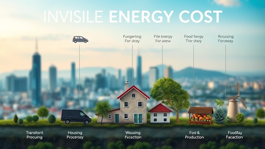 A visual representation of the invisible energy cost, showing how it affects different aspects of life, such as transportation, housing, and food production, with a subtle background of a cityscape or a natural landscape.
