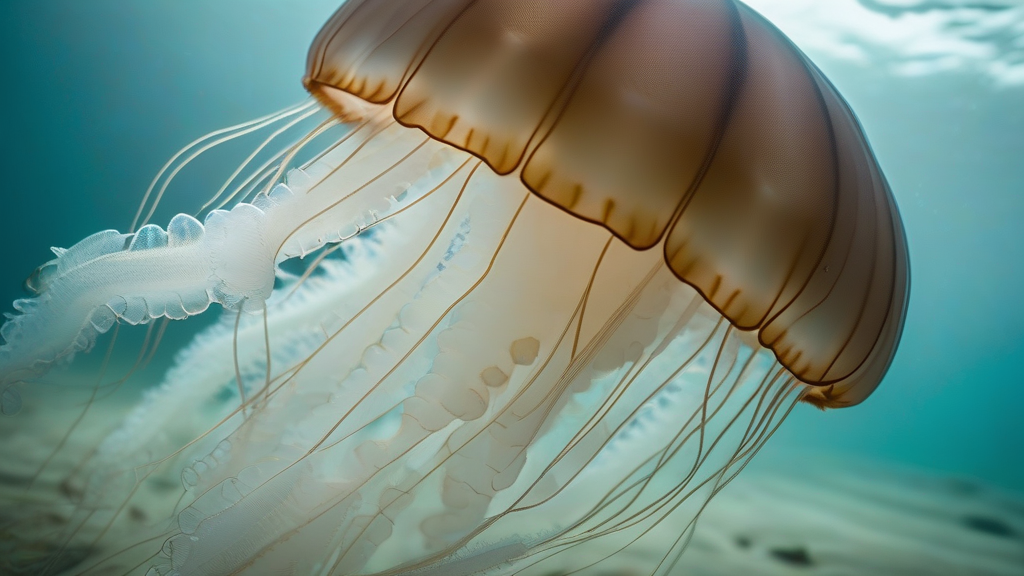 A close-up photograph of a jellyfish in a calm, serene environment, with a subtle background that hints at the mysteries of the ocean and the creature's unique biology.