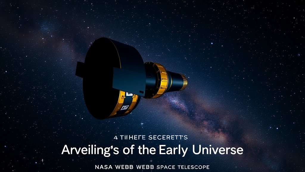 A high-resolution image of the NASA Webb Space Telescope in space, with a stunning background of stars, galaxies, and nebulae, and a caption that reads "Unveiling the Secrets of the Early Universe"