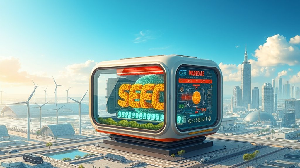 A futuristic illustration of a fuel cell with manganese as the catalyst, surrounded by renewable energy sources and a clean cityscape