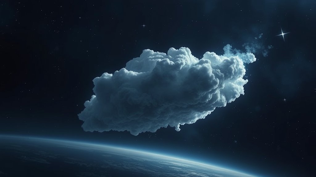 An artist's impression of a relic cloud in space, with a dark and mysterious background, and a few stars shining in the distance.
