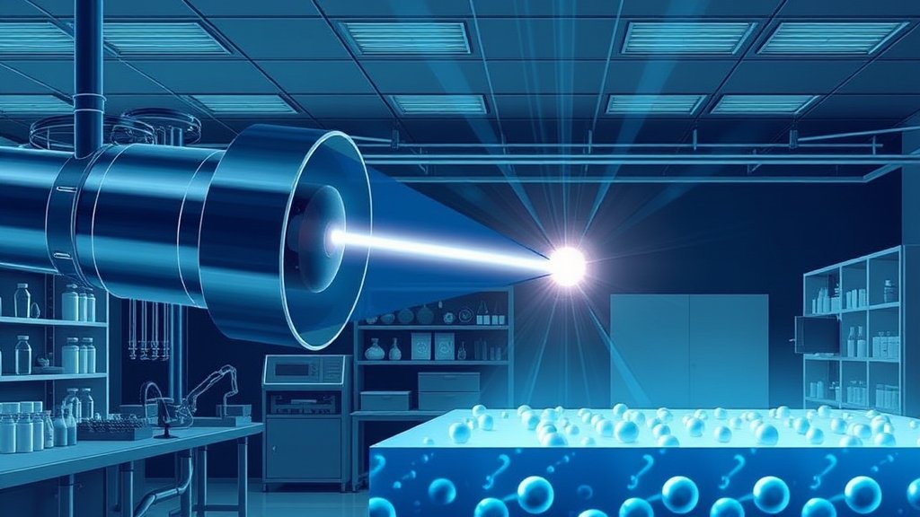 A detailed illustration of an X-ray beam interacting with a material, showcasing the beam's sharpness and the material's response, set against a backdrop of a research laboratory with scientists working in the foreground.