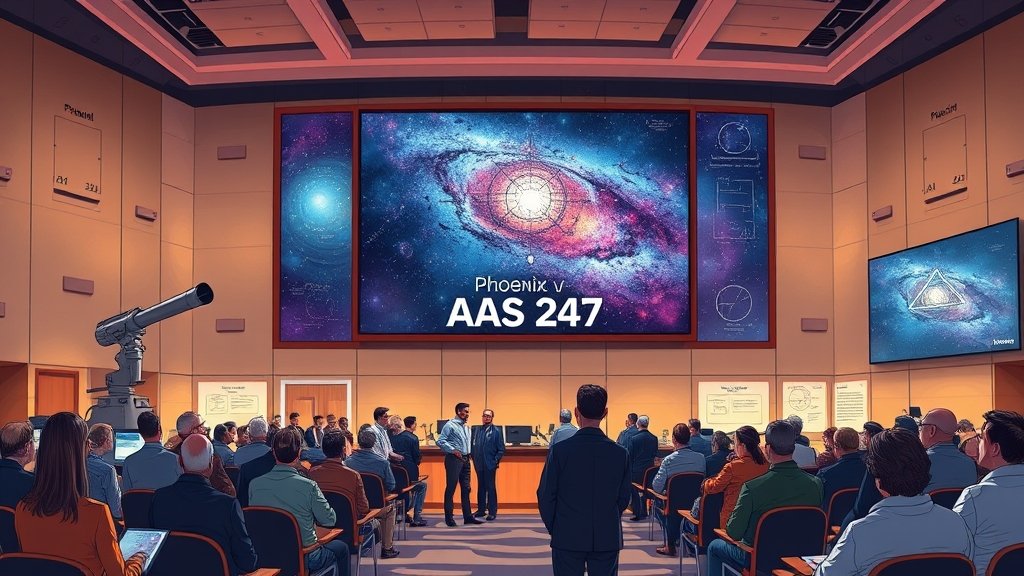 A detailed illustration of the AAS 247 conference venue in Phoenix, with astronomers and scientists gathered around a large screen displaying a stunning image of the universe, with equations and diagrams in the background.