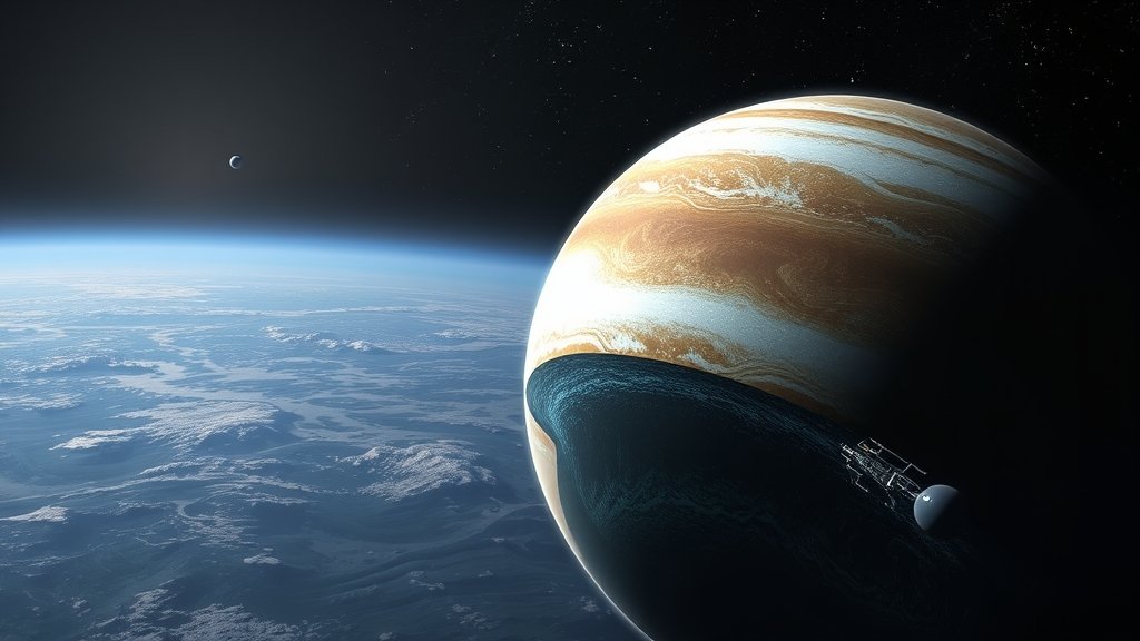 An artist's impression of Jupiter's moon Europa with a subsurface ocean and a possible lack of tectonic activity, with a spacecraft in the background exploring the moon's surface.