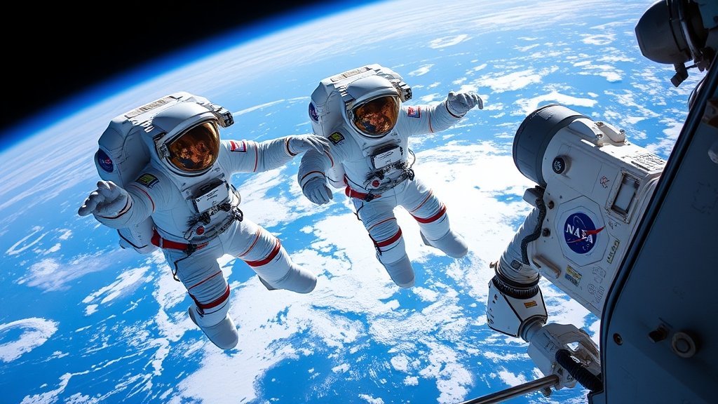 A high-resolution image of two astronauts performing a spacewalk outside the International Space Station, with the Earth visible in the background, and a NASA logo on the astronauts' suits.