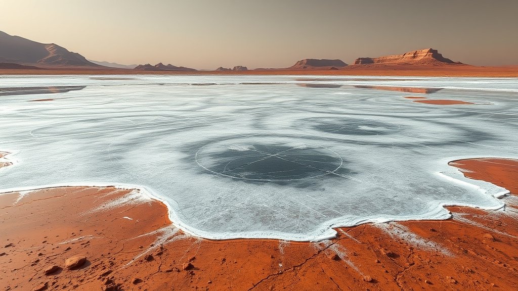 An artistic representation of a frozen Martian lake with a thin layer of ice protecting the water beneath, set against a backdrop of the Martian landscape.