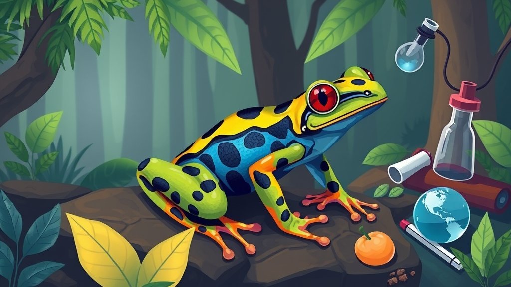A colorful illustration of a poison frog in its natural habitat, with a subtle background of a rainforest and a few scientific instruments, such as a microscope or a notebook, to hint at the scientific discovery.
