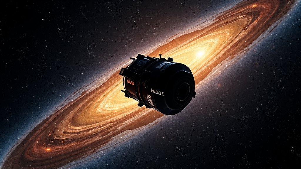 An artistic representation of the Hubble Space Telescope in space, with a newly discovered cosmic object in the background, showcasing the telescope's capabilities and the vastness of the universe.