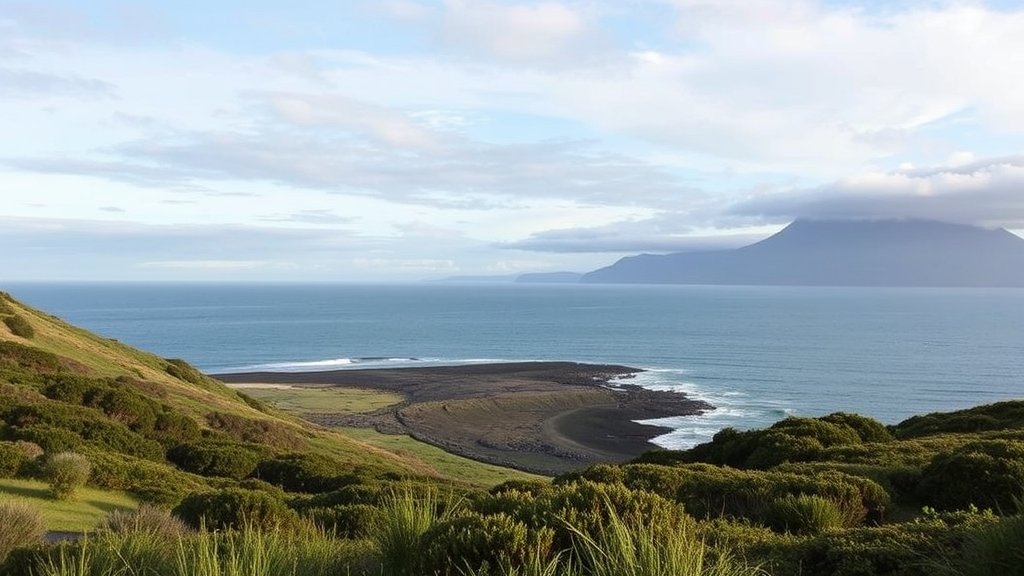 A serene landscape of a coastal area in New Zealand with a subtle hint of erosion, conveying the need for conservation and sustainability.