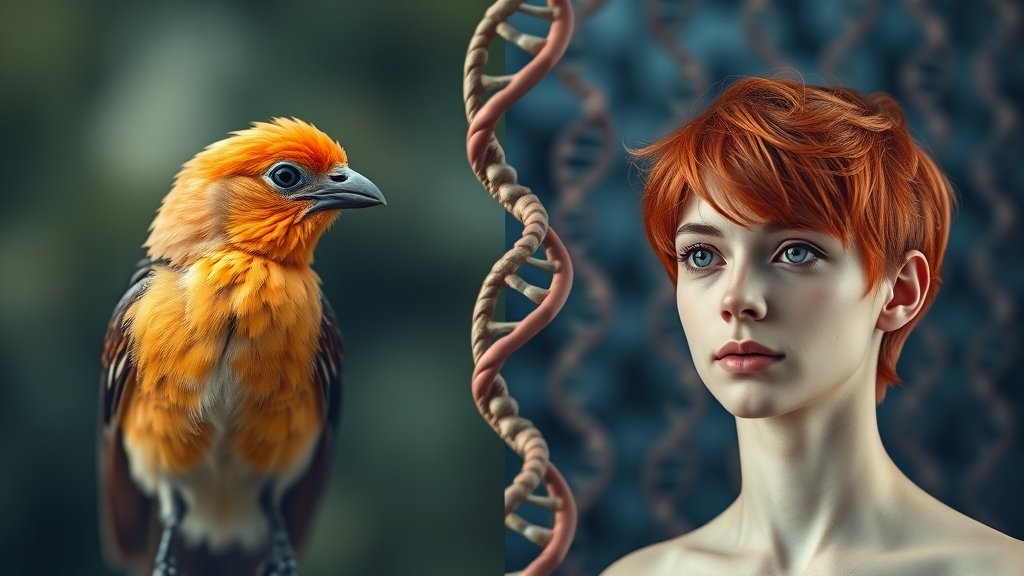 A split-screen image with a bird with orange plumage on one side and a human with red hair on the other, with a subtle background of DNA helices or genetic code to represent the genetic connection between the two.
