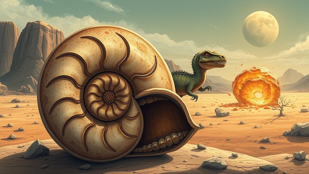 An illustration of an ammonite shell with a dinosaur in the background, surrounded by a desolate, post-asteroid impact landscape.