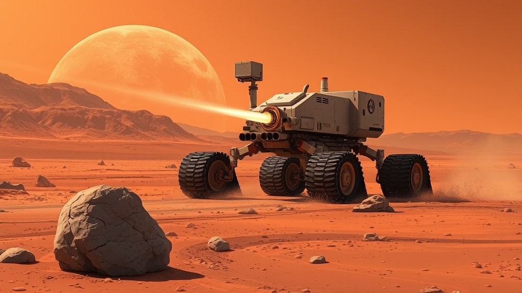 A futuristic illustration of a Mars rover performing sandblasting on the Martian surface, with a backdrop of the planet's reddish landscape and a few rocks in the foreground.