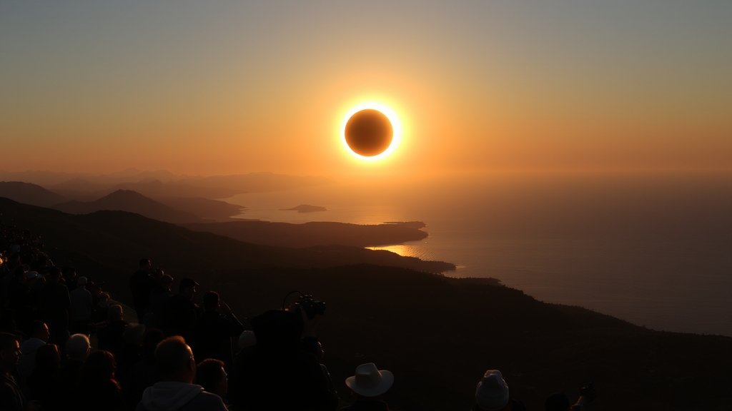 A dramatic image of a total solar eclipse with a crowd of people watching in awe, set against a backdrop of a scenic landscape with mountains or oceans.