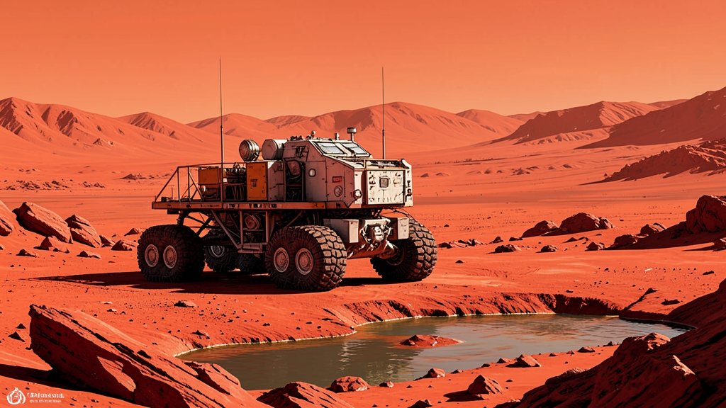 A detailed illustration of the Chinese Mars rover on the surface of Mars, with a landscape of red rocks and a vast, barren terrain in the background, and a small stream or lake of water in the foreground.