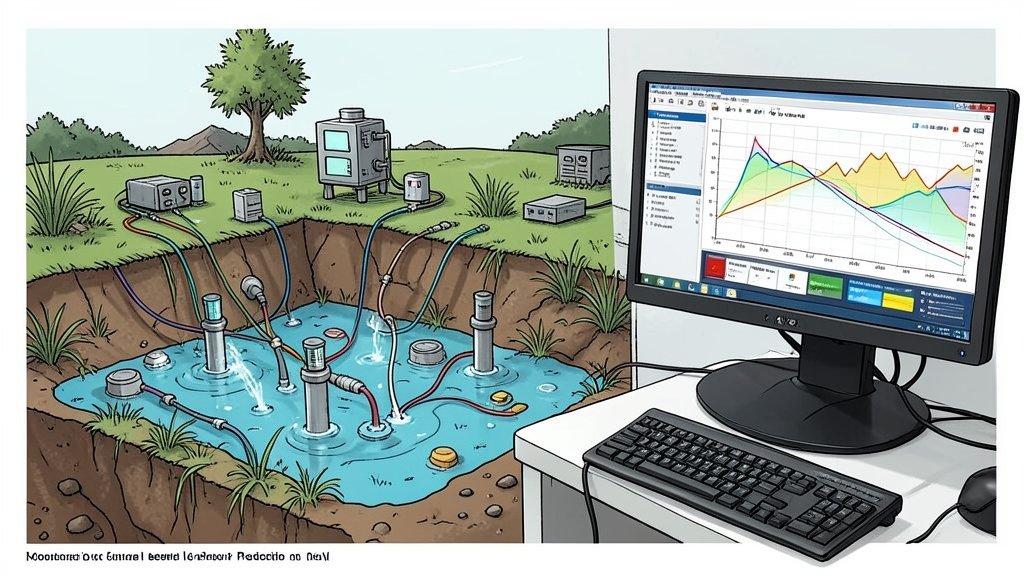 A detailed illustration of a groundwater level prediction system, showcasing a mix of natural and technological elements, such as a water table, sensors, and a computer screen displaying a predictive model.