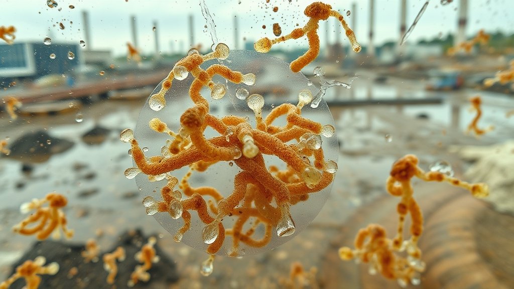 A microscopic image of a biotrickling filter with rhamnolipid-enhanced microorganisms breaking down styrene, with a background of a polluted industrial site being cleaned up.