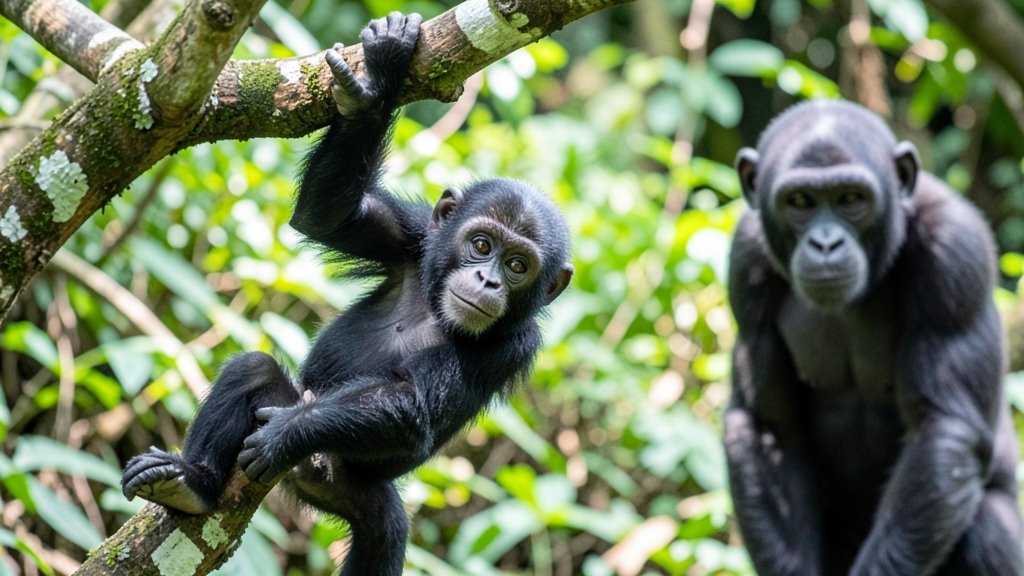 A photo of a young chimpanzee swinging from a tree branch with its mother watching closely in the background.