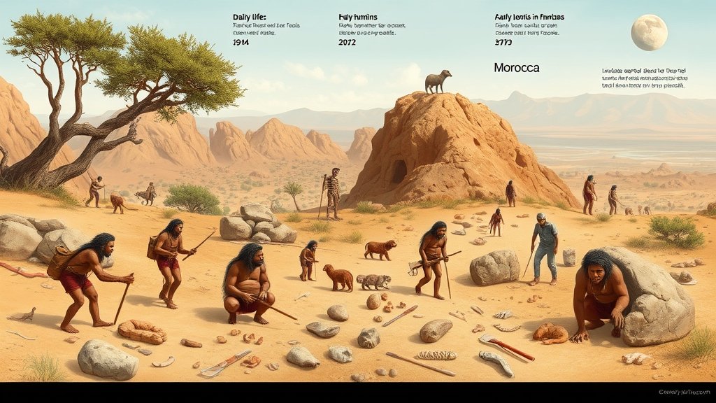 A detailed illustration of early hominins in Morocco, showcasing their daily life, tools, and environment, with a focus on the newly discovered fossils and their significance in human evolution.