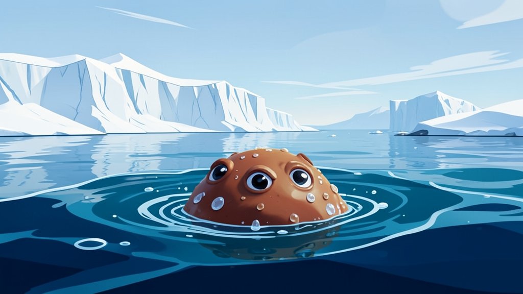 An illustration of a salty blob in the ocean with a backdrop of melting glaciers and rising sea levels
